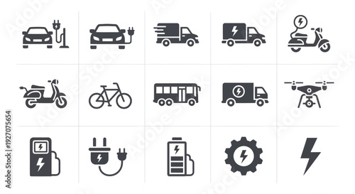 Electric Vehicle Icons: Cars, Trucks, Scooter, Bike, Bus, Drone, Charging Station