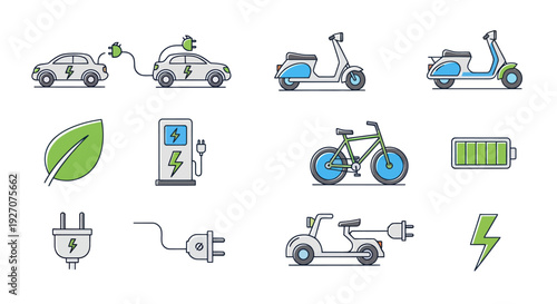 Electric Vehicles and Charging Icons: Eco-friendly Transport Set