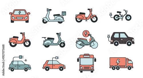 Electric Vehicles Icons: Cars, Scooters, Bikes, Bus, Truck - Clean Energy Transport