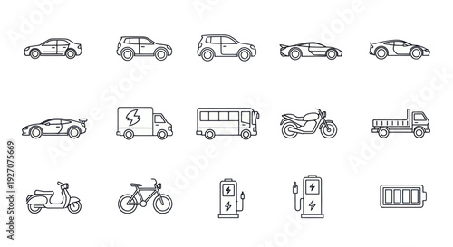 Electric Vehicles and Charging Stations Icon Set - Clean Energy Transportation