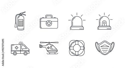 Emergency Services Icons: Ambulance, Helicopter, First Aid, Fire Extinguisher