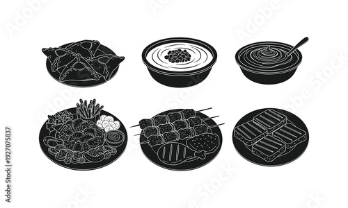 A collection of monochrome line art illustrations depicting various food dishes