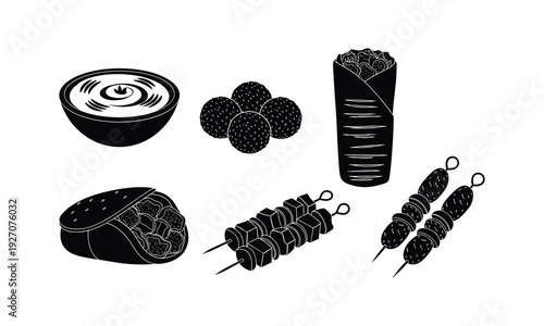 Various middle eastern and grilled foods presented in a black and white style