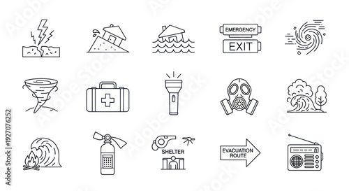 Disaster Icons: Natural and Man-Made Emergencies, Safety Signs, and Survival Gear