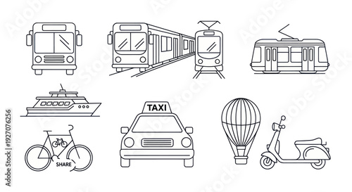Diverse Transportation Icons: Bus, Train, Tram, Taxi, Bike, Ship, Scooter, Hot Air Balloon