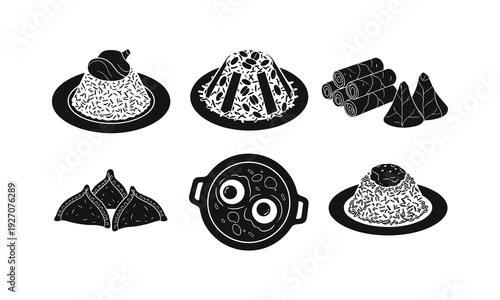 Black and white illustration of various middle eastern rice and pastry dishes