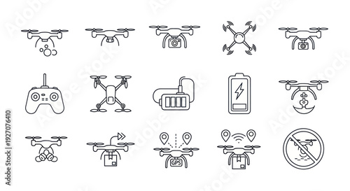 Drone Icons Set: Technology, Delivery, Navigation, and Safety - Line Art