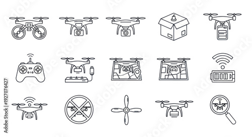 Drone Technology Icons: Quadcopter, Remote Control, Map, Battery, Delivery Box
