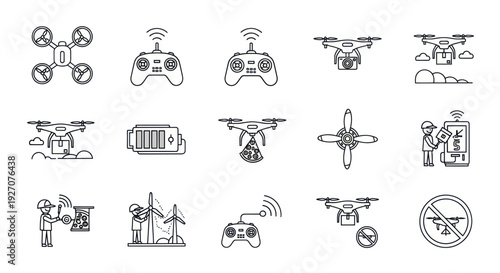 Drone Technology Icons: Quadcopter, Remote Control, Battery, Wind Turbines, Delivery