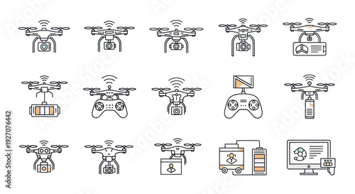 Drone Technology Icons Set: Quadcopters, Remote Controls, Battery, Monitor