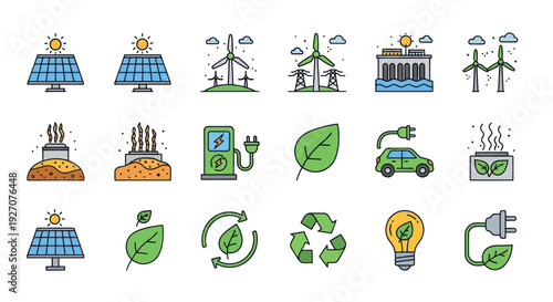 Eco Energy Icons: Solar, Wind, Hydro, EV Charging, Recycling, Green Power