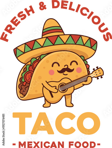 A cheerful taco character plays guitar with fresh delicious text