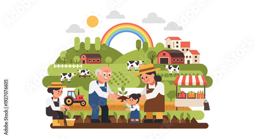 Multi-Generational Family Farming: Grandparents and Child Planting Seedling on a Green Farm Landscape with Cows, Tractor, and Farmer's Market.
