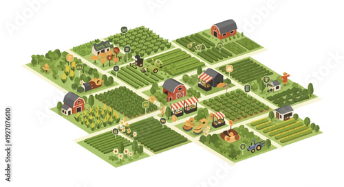 Isometric Farm Ecosystem Map: Detailed Sustainable Agriculture Illustration with Fields, Barns, Produce Markets, and Farming Machinery.