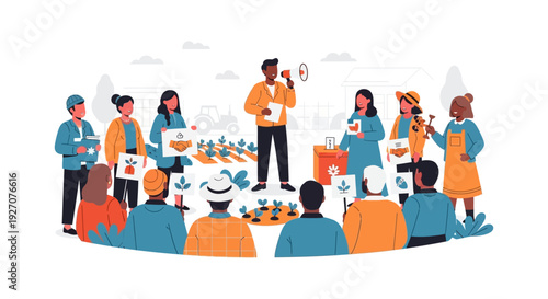 Farmers Community Meeting Illustration. Leader Speaking with Megaphone to Diverse Group about Agriculture Policy, Sustainability, and Cooperative Support.