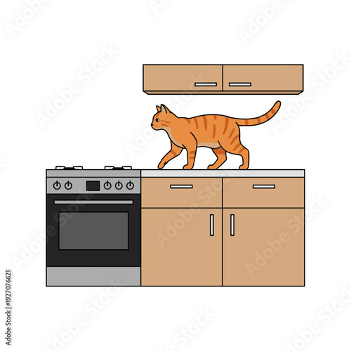 Orange striped tabby cat walking across kitchen counter near stove and cabinets in modern interior concept of mischievous pet behavior