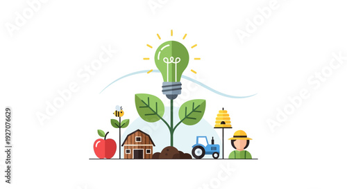 Green Lightbulb Idea Growing from Plant, Representing Sustainable Agriculture, Renewable Energy, and Smart Farming Technology.