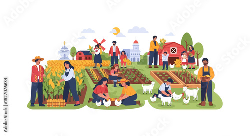 Diverse Farm Community Harvesting Crops and Tending Livestock. Rural Village Agriculture Teamwork Illustration.