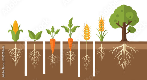 Diverse Plant Root Systems Diagram: Taproots and Fibrous Roots of Corn, Carrots, Wheat, Seedling, and Tree in Soil Cross-Section.