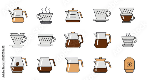 Coffee Brewing Equipment Icons: Pour Over, Drip, Kettles, and Cups