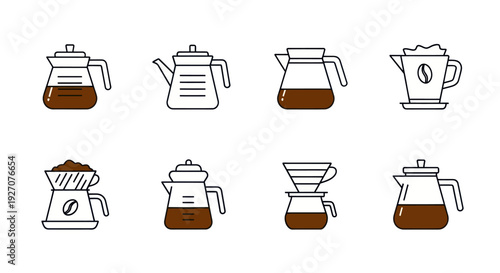 Coffee brewing equipment icons: pour over, drip, kettle, and filter