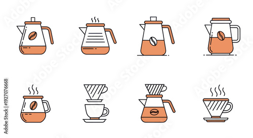 Coffee Brewing Icons: Kettles and Drippers Set - Minimalist Vector Art