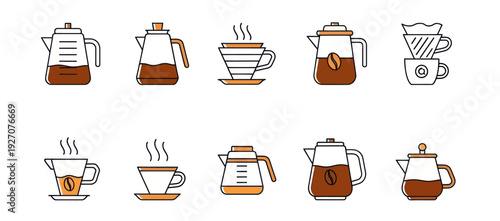 Coffee Brewing Icons: Pour Over, Drip Kettle, Coffee Cup & Beans