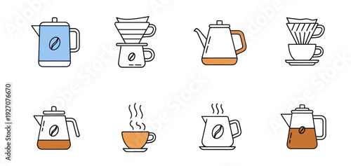 Coffee Brewing Icons: Pour Over, Kettle, Cup - Flat Design