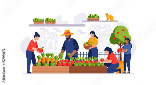 Diverse Group Harvesting Organic Vegetables and Fruits in Urban Community Garden. Sustainable Farming, Fresh Food, and Teamwork Vector Illustration.