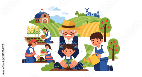 Happy Multigenerational Family Farming and Gardening. Grandparents Teaching Children Agriculture and Sustainability on the Farm.