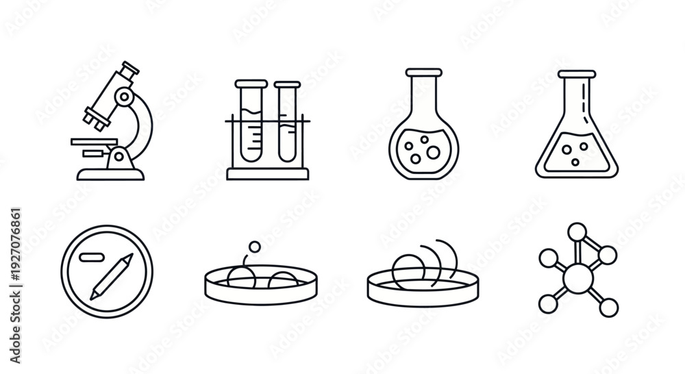 Fototapeta premium Collection of Science and Laboratory Icons: Microscope, Test Tubes, Flasks, Petri Dish