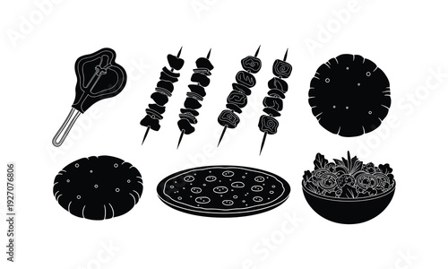 Black and white illustration of various grilled meat and side dishes