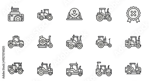 Collection of Farm Tractor and Agriculture Machine Icons, Vector Line Art