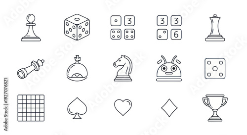 Collection of Game Icons: Chess, Dice, Cards, Trophy, Robot - Vector Art
