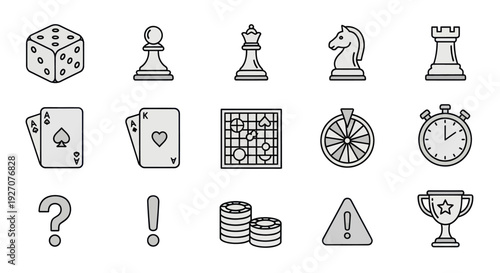 Collection of Game Icons: Dice, Chess, Cards, Stopwatch, Trophy, Bingo