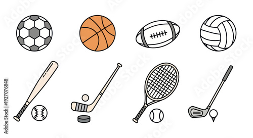 Collection of popular sport equipment icons in a simple cartoon style