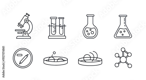 Collection of Science and Laboratory Icons: Microscope, Test Tubes, Flasks, Petri Dish