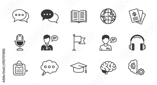 Communication and Education Icons: Speech Bubbles, Book, Globe, Brain, Microphone