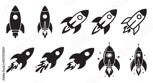 Rocket Launch Icon Set. pace Shuttle Startup Line and Solid Vector Collection. Vector illustration eps 10