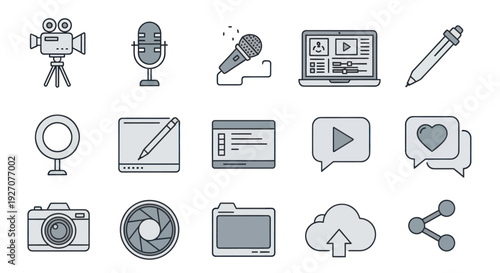 Content Creation Icons: Video Camera, Microphone, Laptop, Camera, Ring Light, Cloud