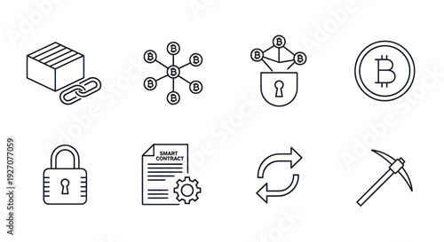 Cryptocurrency and Blockchain Icons: Bitcoin, Mining, Smart Contract, Security