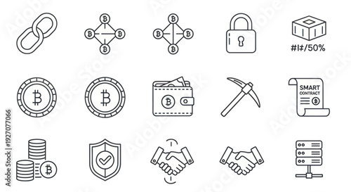 Cryptocurrency and Blockchain Icons: Bitcoin, Security, Wallet, Mining, Smart Contract
