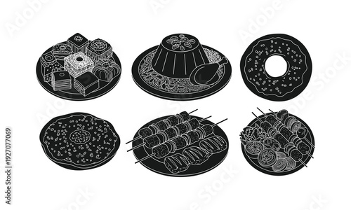 A collection of illustrated desserts and grilled meat skewers on plates