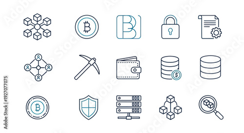 Cryptocurrency Icons: Bitcoin, Blockchain, Mining, Security, Wallet, Data Storage