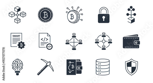 Cryptocurrency Icons: Bitcoin, Blockchain, Mining, Wallet, Security, Smart Contract