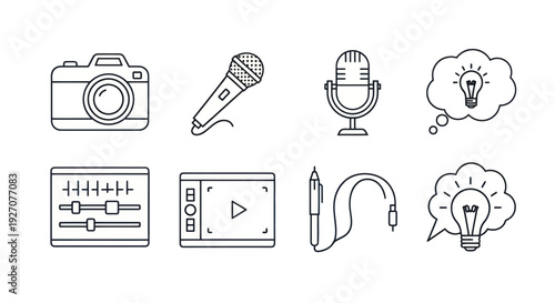 Creative Media Icons: Camera, Microphones, Mixer, Video Player, Headphones, Ideas