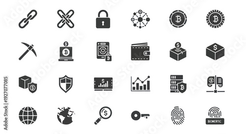 Cryptocurrency Icons Set: Bitcoin, Blockchain, Security, Finance & Technology