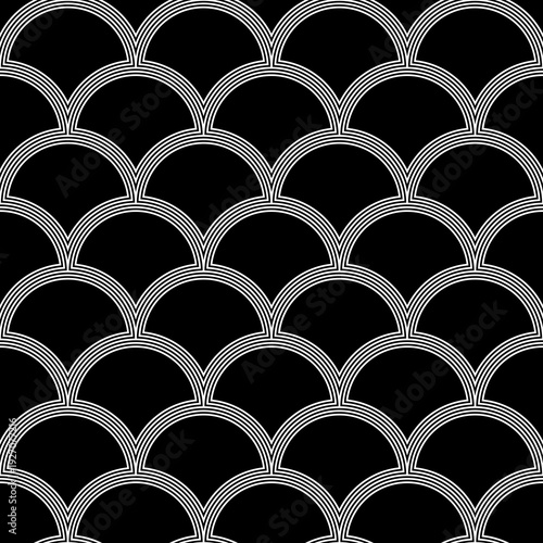 Fish scale wallpaper. Asian traditional ornament with repeated scallops. Repeated white curves on black background. Seamless surface pattern design with semicircles. Grid motif. Digital paper. Vector.