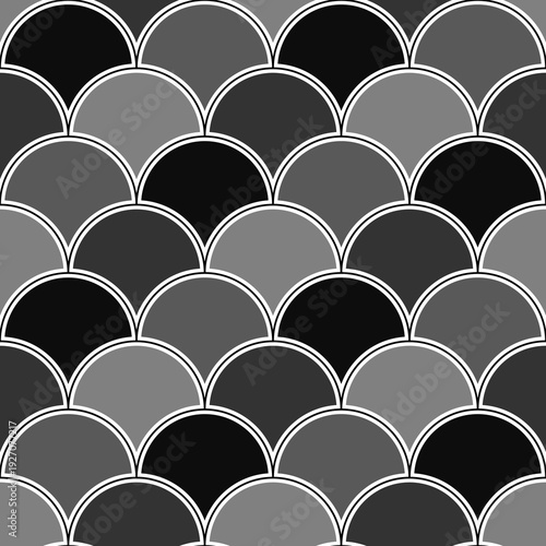 Fish scale wallpaper. Asian traditional ornament with repeated scallops. Repeated white curves on black background. Seamless surface pattern design with semicircles. Grid motif. Digital paper. Vector.