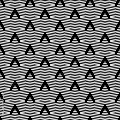 Angle brackets wallpaper. Repeated black chevrons on hatched background. Asian traditional ornament with repeated scallops. Scales motif. Seamless surface pattern design with triangular figures.